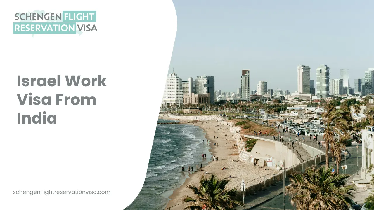 A coastal view of Tel Aviv, Israel, featuring a sandy beach with people, palm trees, and the Mediterranean Sea. The modern city skyline with tall buildings is visible in the background. A white overlay on the left contains the text