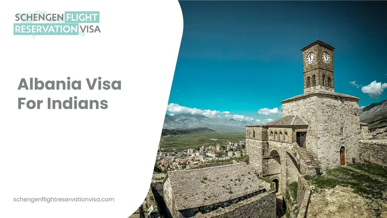 Albania visa for Indians travel guide banner with historic stone clock tower and panoramic city view under blue sky