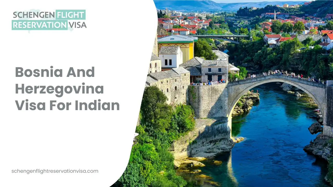 Bosnia and Herzegovina visa for Indian travelers banner featuring the historic Stari Most bridge in Mostar, highlighting Schengen flight reservation visa services.