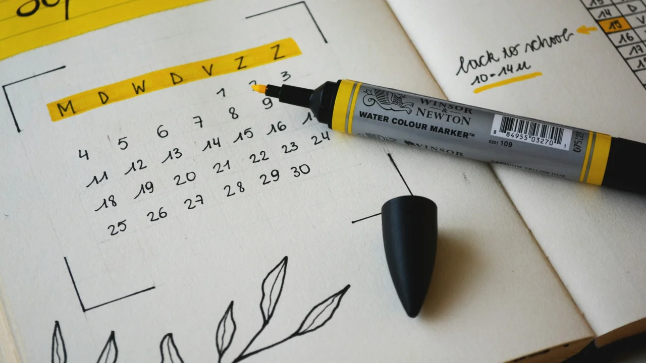 Bullet journal monthly calendar spread with handwritten dates and Winsor and Newton watercolor marker on notebook page