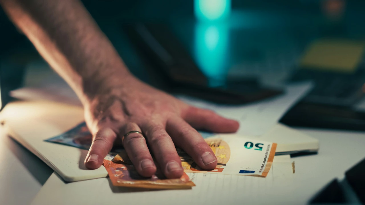 Hand covering euro banknotes on a desk, symbolizing cash payment, financial transaction, money handling, or personal finance