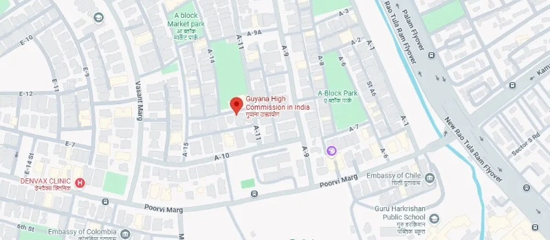Map showing the location of the Guyana High Commission in India, marked with a red pin in New Delhi near A-Block Park and Poorvi Marg.