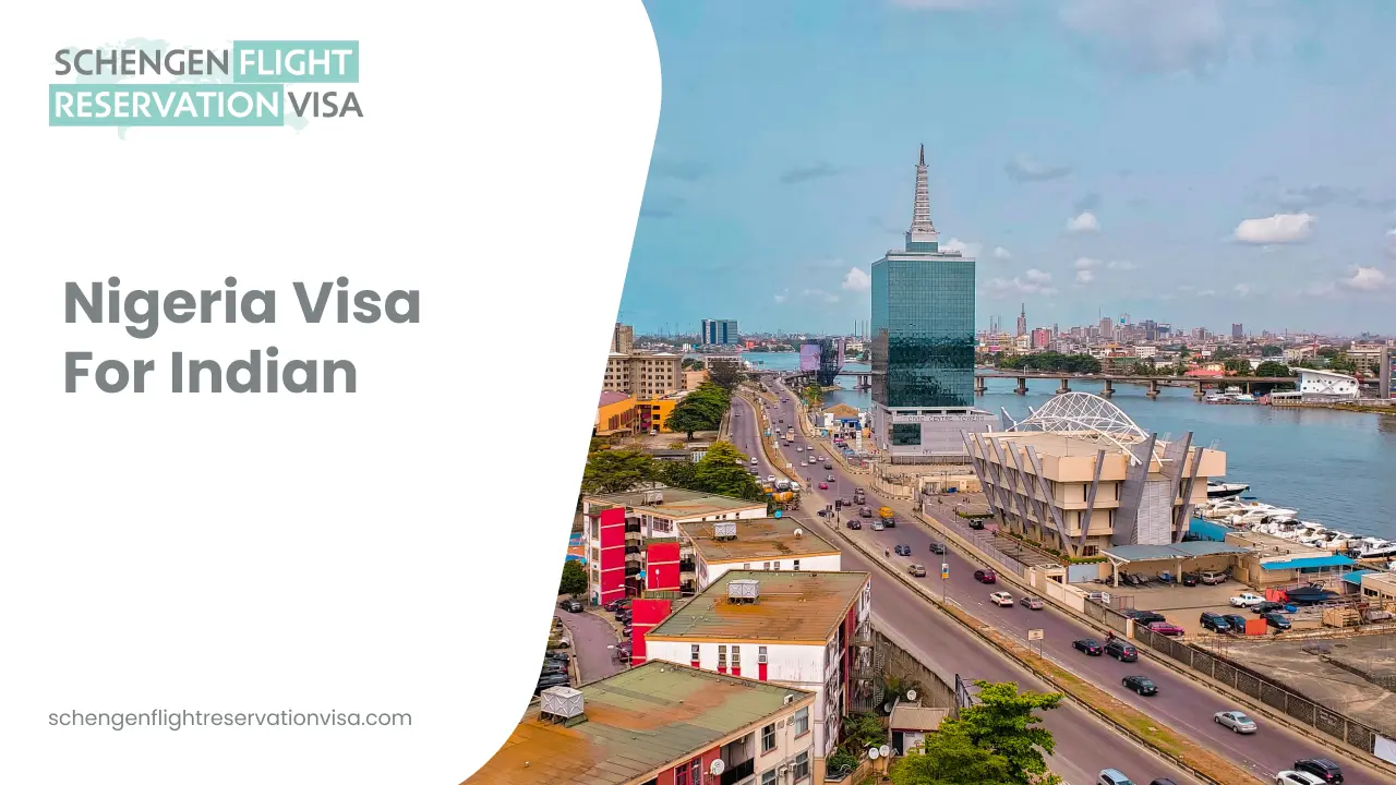 An infographic featuring a cityscape of Lagos, Nigeria, with text on the left side. The image is divided by a curved white overlay containing the title