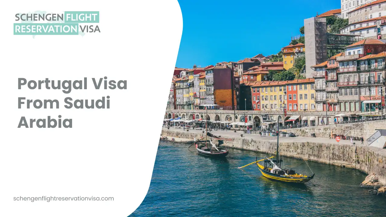 Banner showing a colorful waterfront cityscape in Portugal with traditional buildings and boats on a river, alongside text reading “Portugal Visa From Saudi Arabia