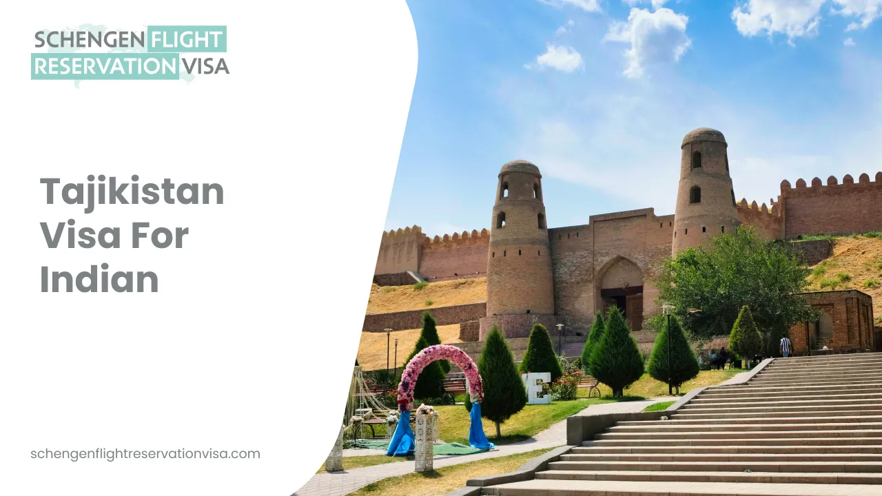 A promotional graphic for a Tajikistan visa for Indians. It features a view of the historic Hissar Fortress with its prominent twin towers and brick walls. The foreground shows a manicured park with a flower arch and wide stone stairs. The left side includes a white overlay with the text
