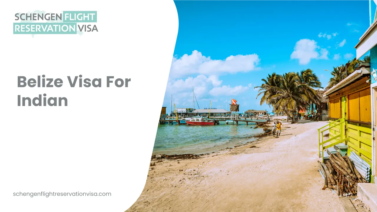 Belize visa for Indian travelers illustrated by a scenic Belize beach with palm trees, waterfront houses, and boats, representing tourism and visa requirements for Indians visiting Belize.