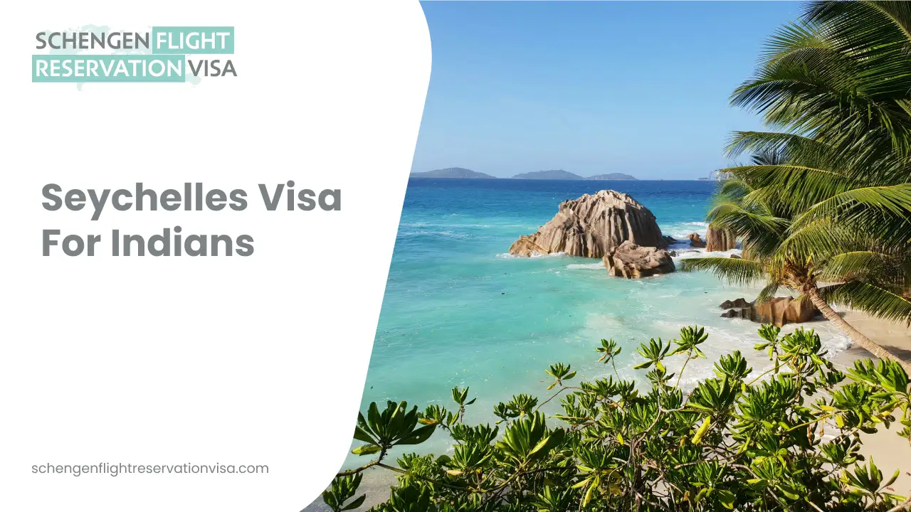 Seychelles tropical beach with turquoise water granite rocks and palm trees promoting Seychelles visa for Indians and Schengen flight reservation services