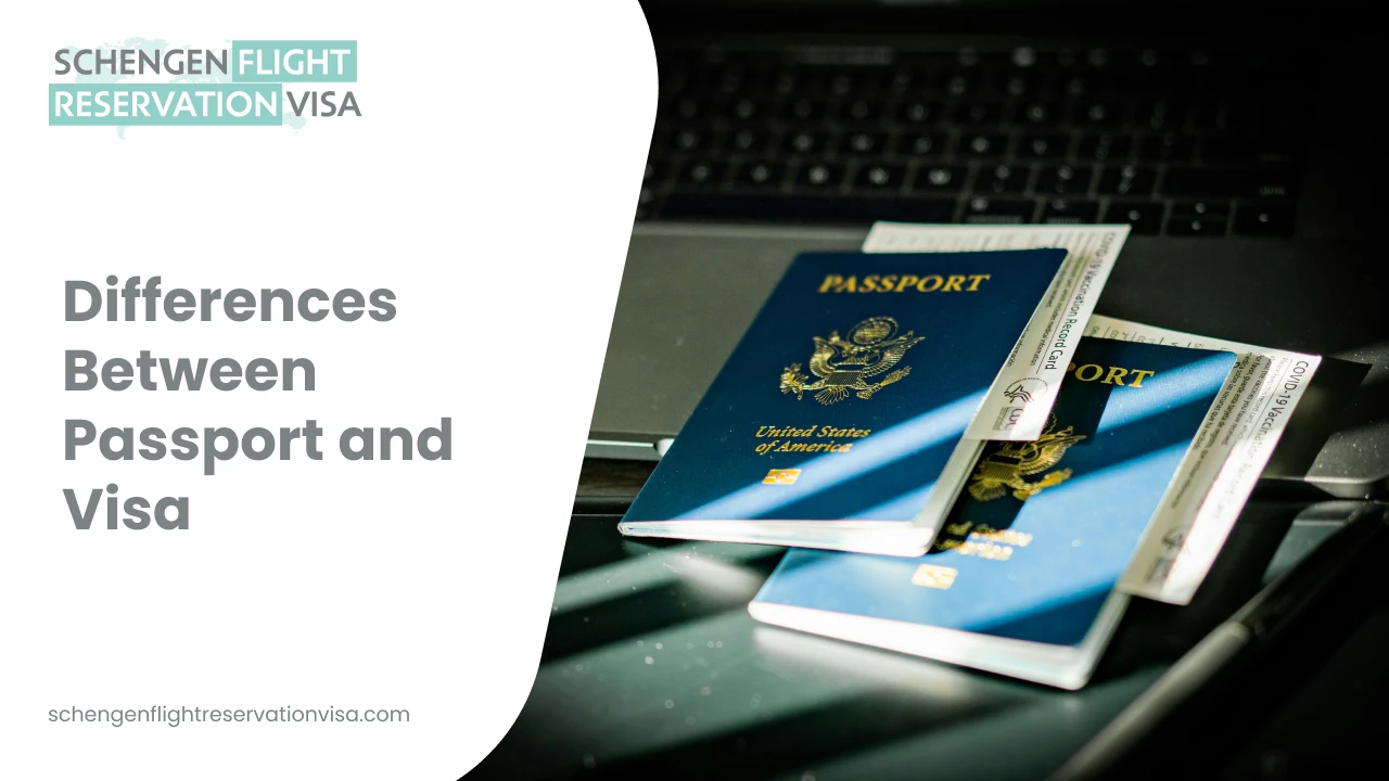 Differences between passport and visa graphic showing two U.S. passports placed on a laptop keyboard, with overlaid text reading ‘Differences Between Passport and Visa’ and ‘Schengen Flight Reservation Visa.