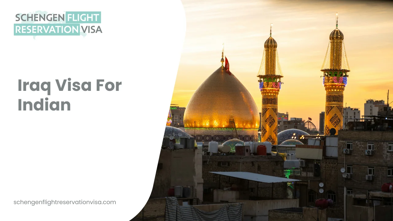 Iraq Visa for Indian travelers promotional banner featuring the golden dome and illuminated minarets of a historic mosque in Iraq at sunset, highlighting visa and flight reservation services.