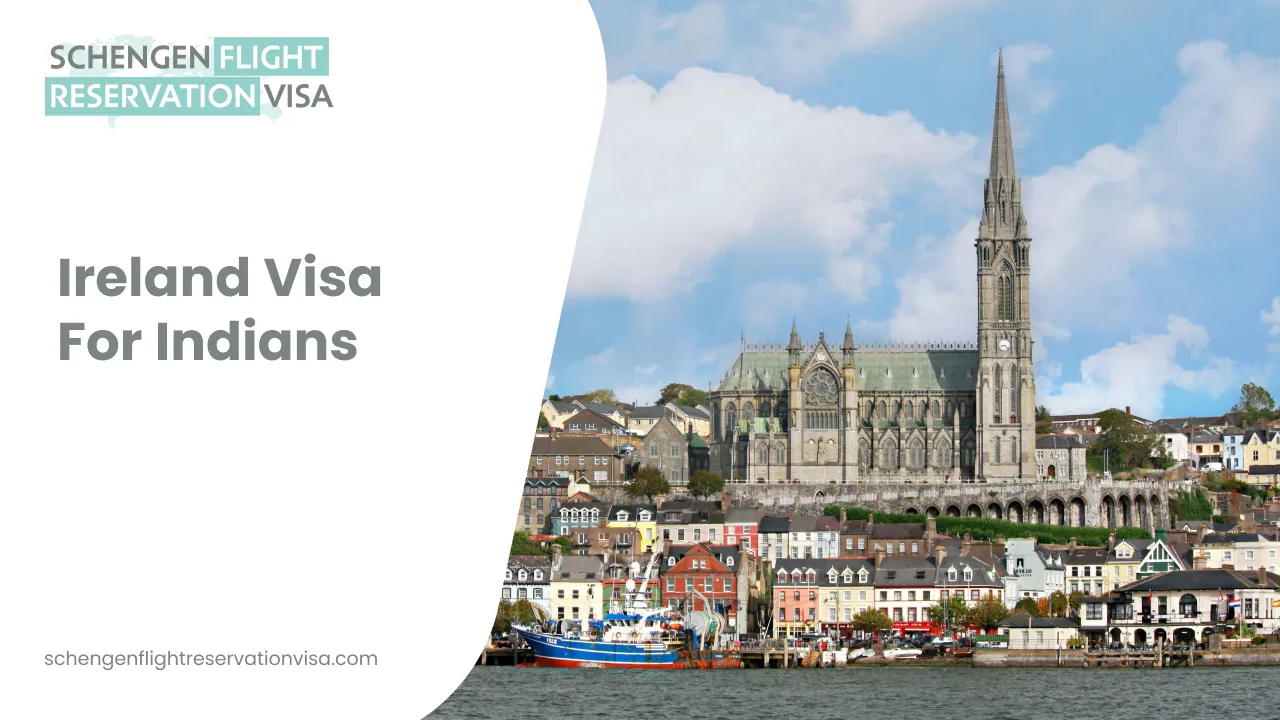 An architectural view of St. Colman's Cathedral overlooking the harbor in Cobh, Ireland, featuring its tall Neo-Gothic spire and the town's colorful waterfront houses. The left side of the image contains a white overlay with the text