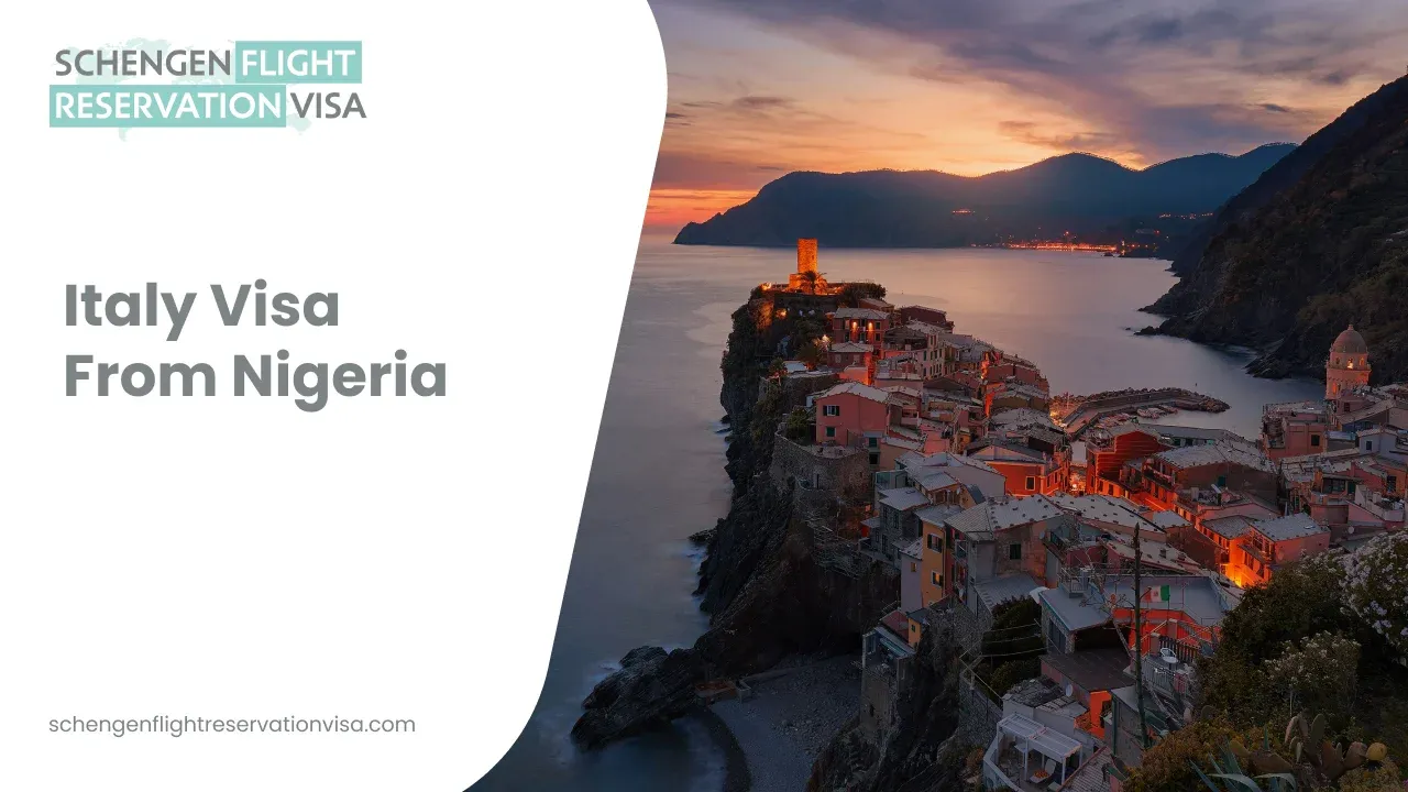 Scenic twilight photograph of the coastal village of Vernazza, Italy, with illuminated buildings and a tower, alongside text reading Italy Visa From Nigeria.