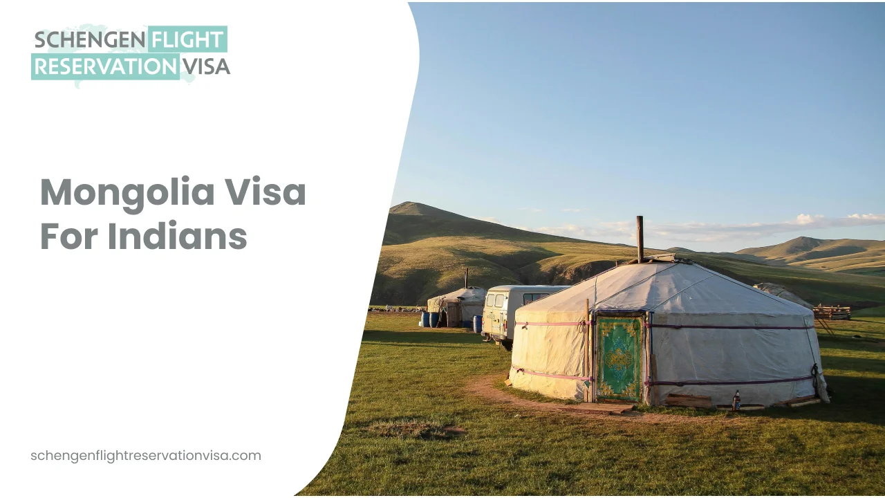 A traditional Mongolian yurt sits in a vast, green hilly landscape under a clear sky, with the text