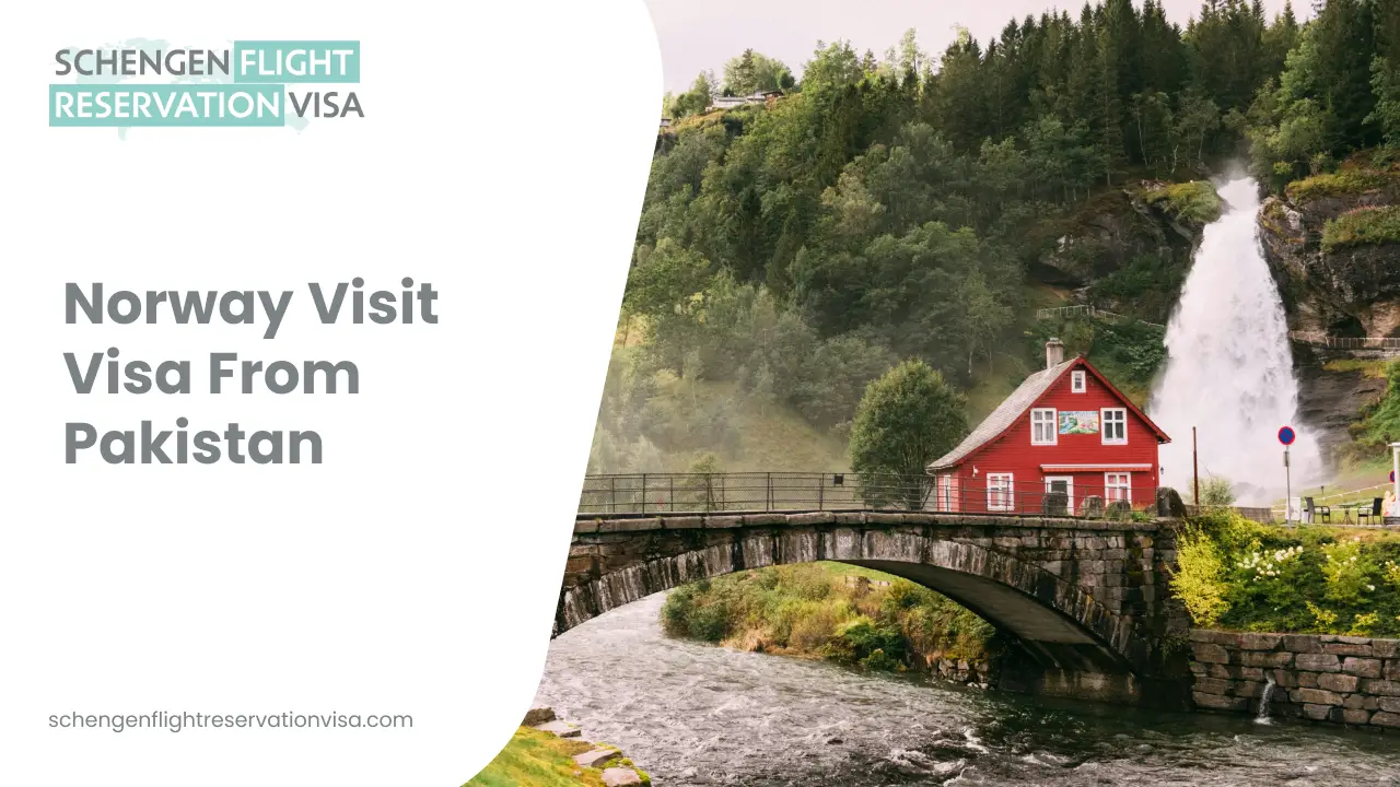 An idyllic landscape of a small red house nestled at the base of a lush, green forest hill in Norway. A powerful waterfall cascades down the rocky cliffside behind the house, while a stone-arched bridge spans a rushing river in the foreground. The left side of the image features a white graphic overlay with the text