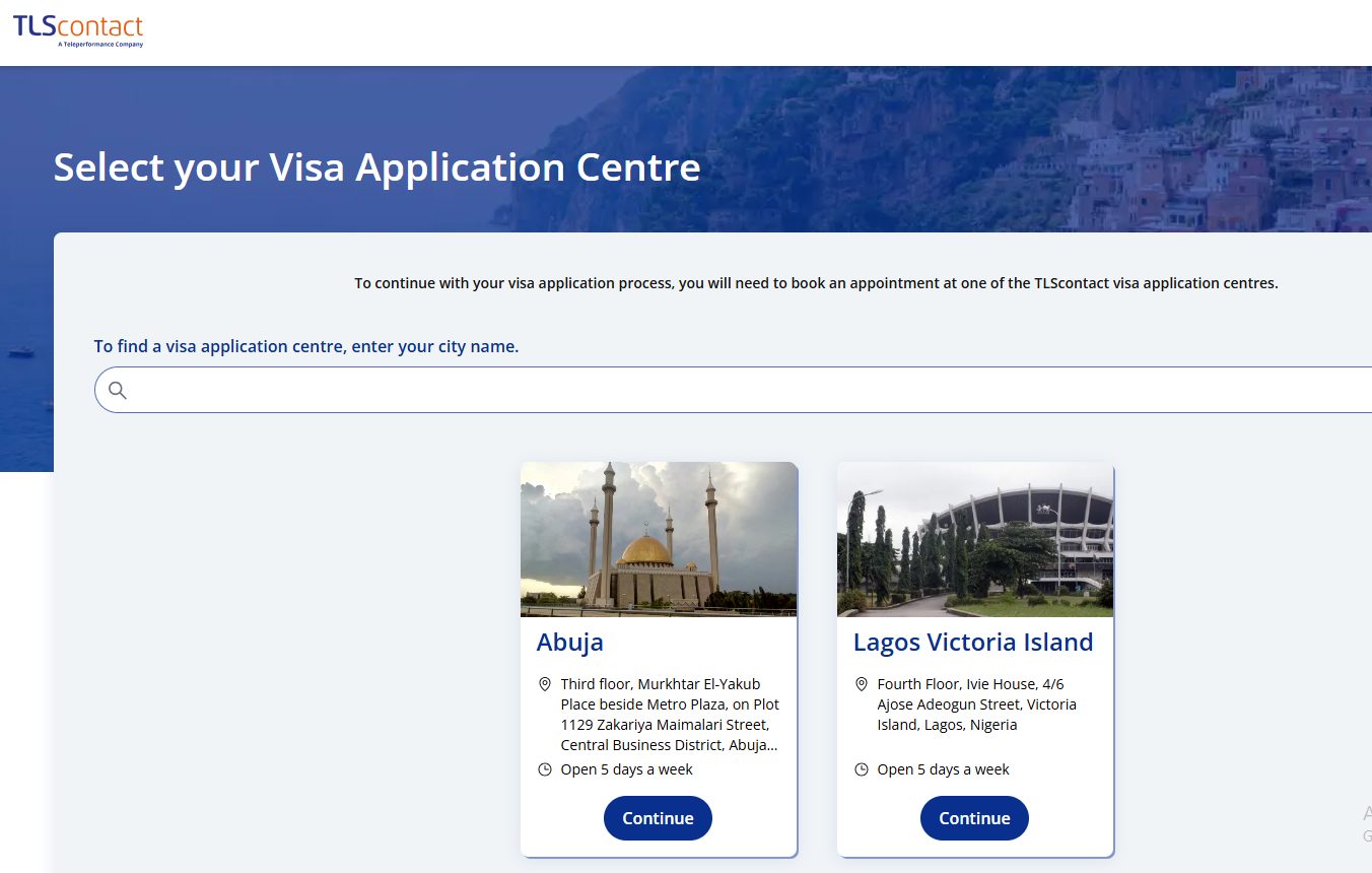 Select your visa application center in Nigeria