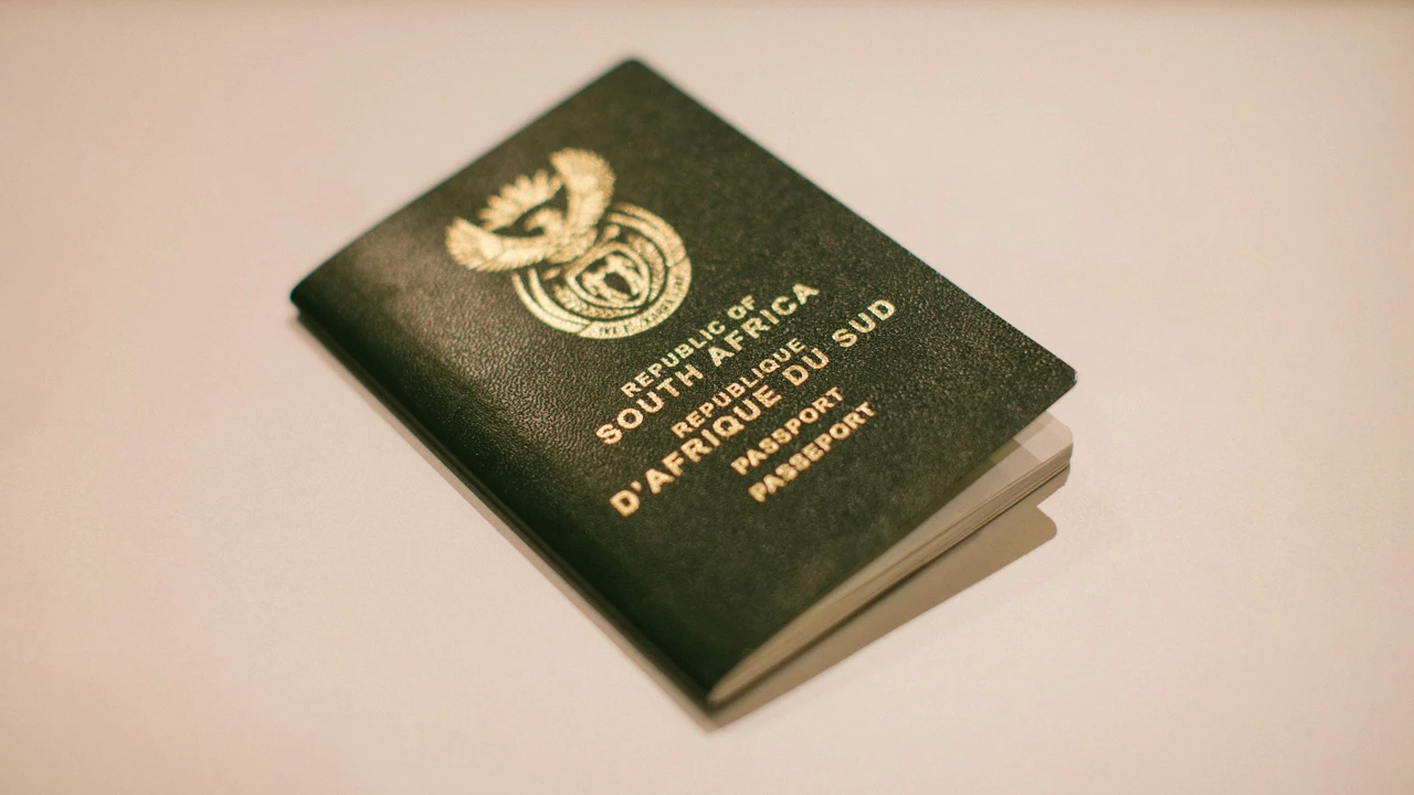 A dark green South African passport resting on a plain, light-colored surface. The cover features the South African coat of arms and the words