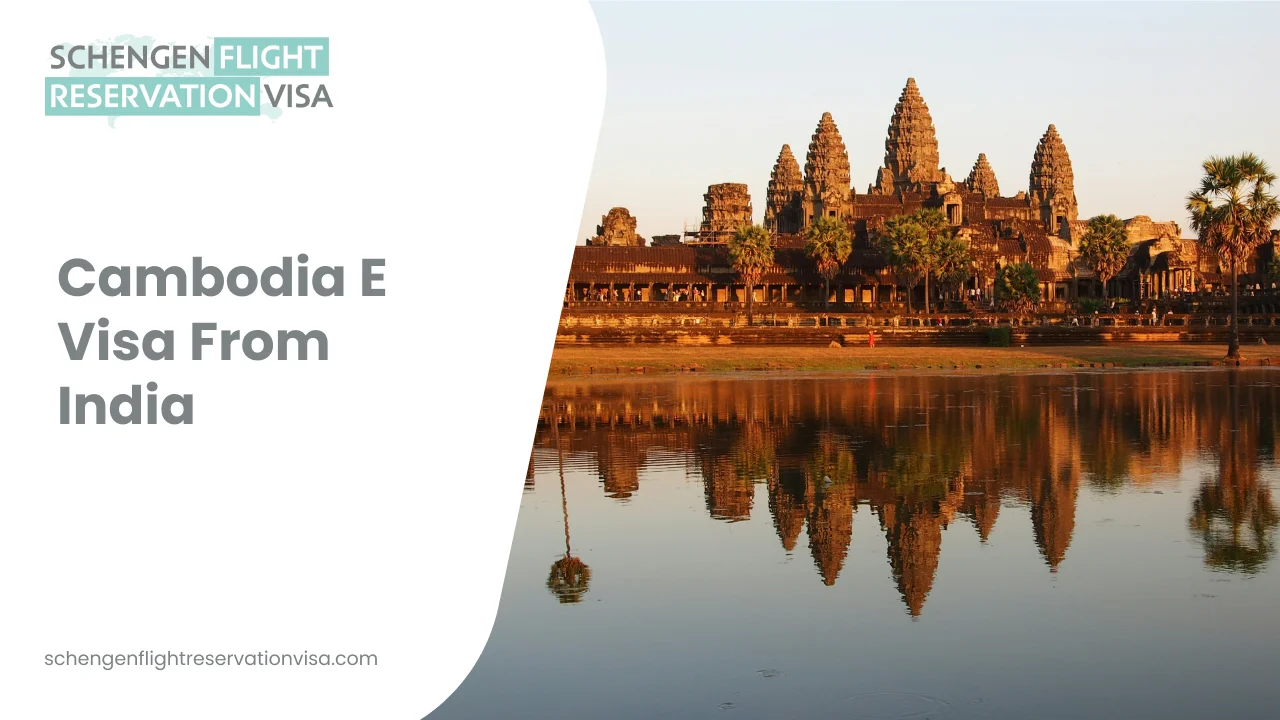 Cambodia e-visa from India concept featuring Angkor Wat temple reflection at sunrise, representing Cambodia tourist visa application and travel for Indian citizens.