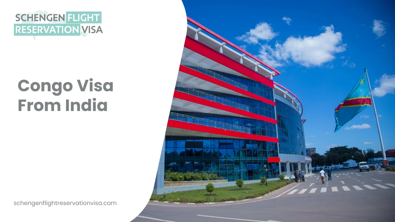 Congo Visa from India banner showing a modern international airport terminal with the Democratic Republic of Congo flag, promoting Congo visa application and flight reservation services for Indian travelers.
