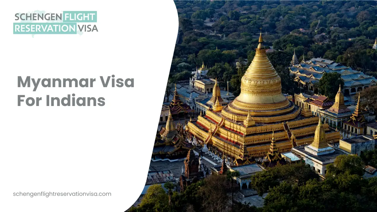 Myanmar visa for Indians banner with aerial view of golden pagoda temple in Myanmar and Schengen flight reservation visa branding