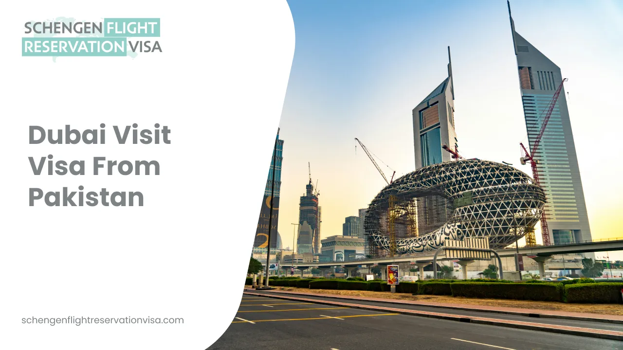 A vibrant cityscape of Dubai featuring the iconic Museum of the Future—a silver, torus-shaped building adorned with Arabic calligraphy—and the twin triangular Emirates Towers. The image is overlaid with text that reads