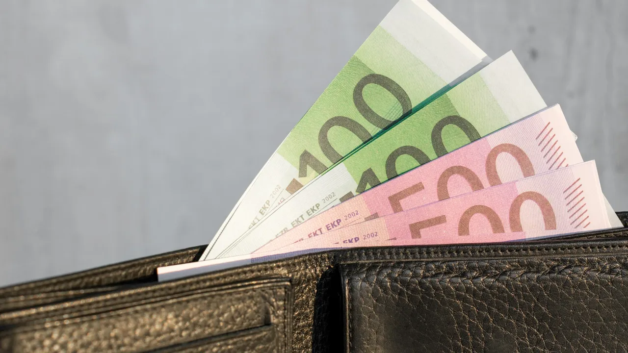 A close-up shot of several Euro banknotes—including 5, 10, 20, and 50 Euro notes—neatly tucked into the compartments of a black leather wallet.