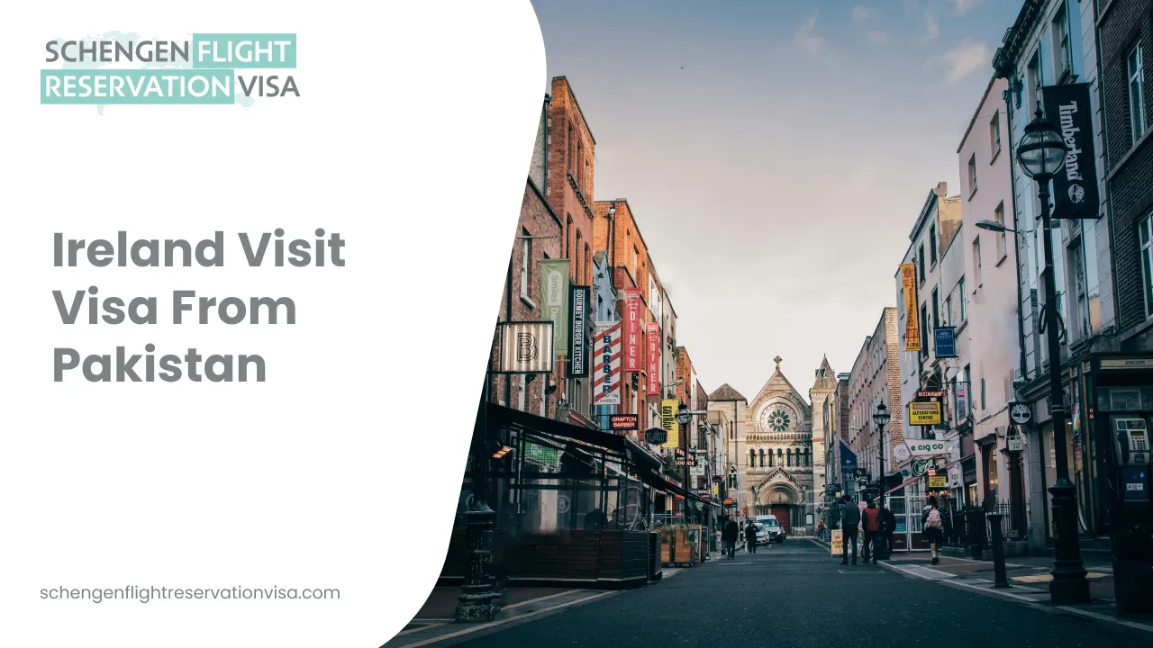 Ireland visit visa from Pakistan banner showing a street view of Dublin city with shops and historic buildings, promoting visa and flight reservation services.
