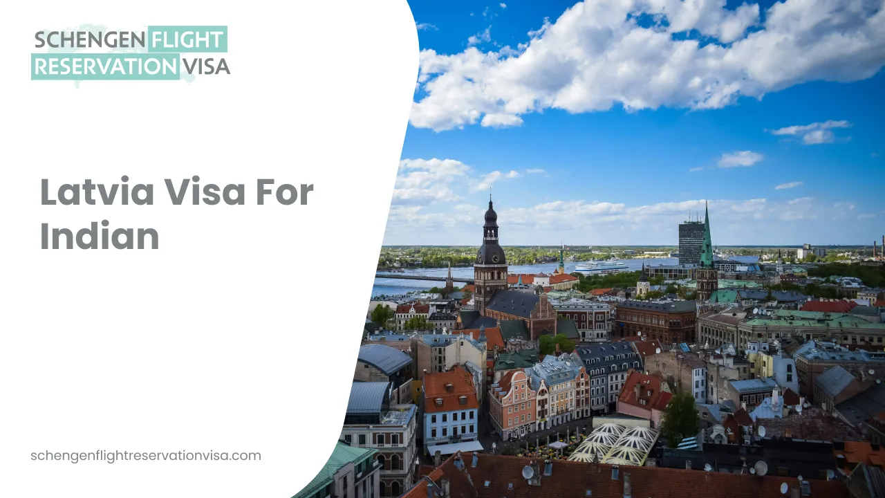 An aerial panoramic view of the historic old town of Riga, Latvia, showcasing traditional European architecture with colorful buildings and prominent church spires against a bright blue sky with white clouds. The image is split, with the right side featuring the cityscape and the left side consisting of a white curved overlay containing the text