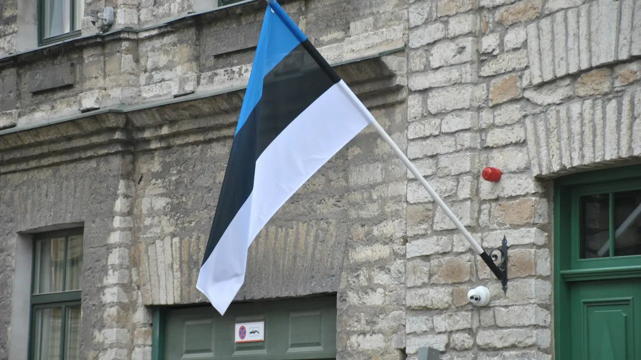 The national flag of Estonia is a tricolor featuring three equal horizontal bands: blue at the top, black in the center, and white at the bottom.