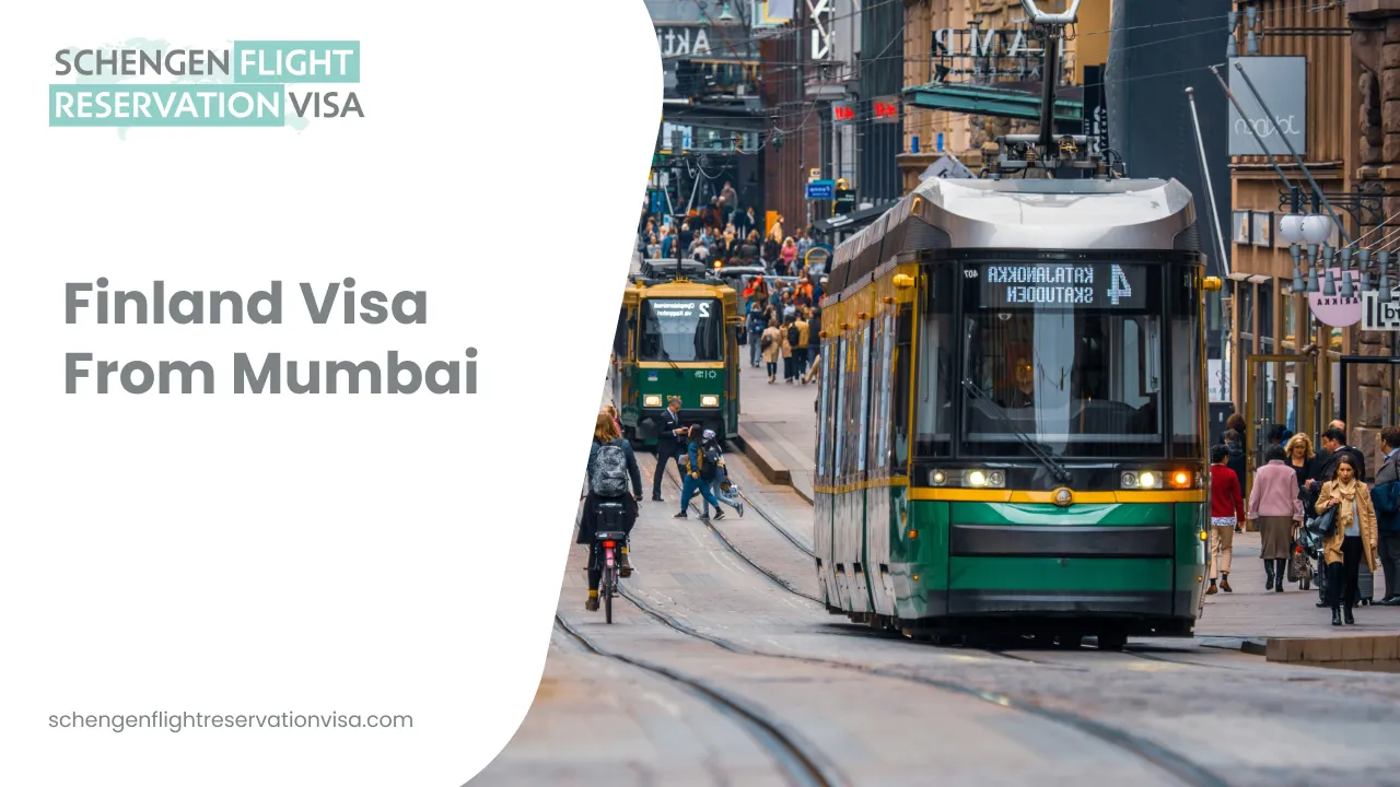 Banner for Finland visa from Mumbai featuring a busy city street with green trams, pedestrians, and cyclists in an urban European setting, alongside text reading ‘Finland Visa From Mumbai’ and ‘Schengen Flight Reservation Visa’.