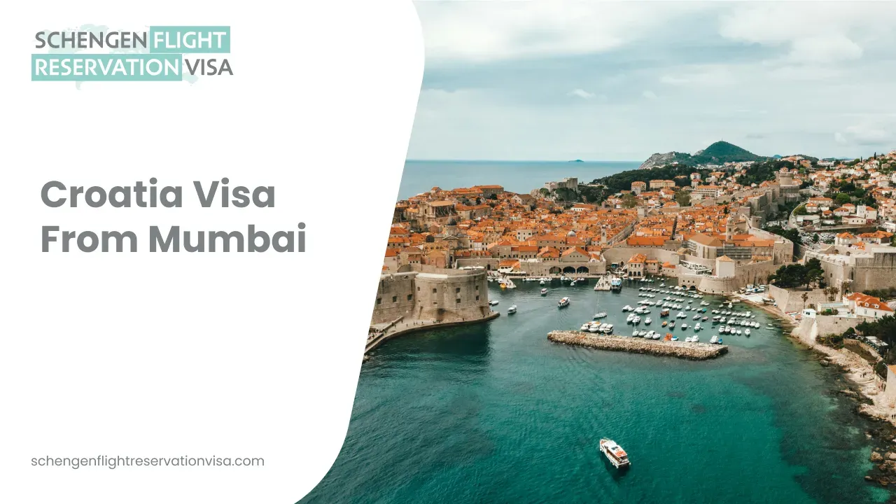 An infographic for a Croatia visa from Mumbai, featuring a scenic aerial view of a coastal city with red-roofed buildings and a harbor. The text