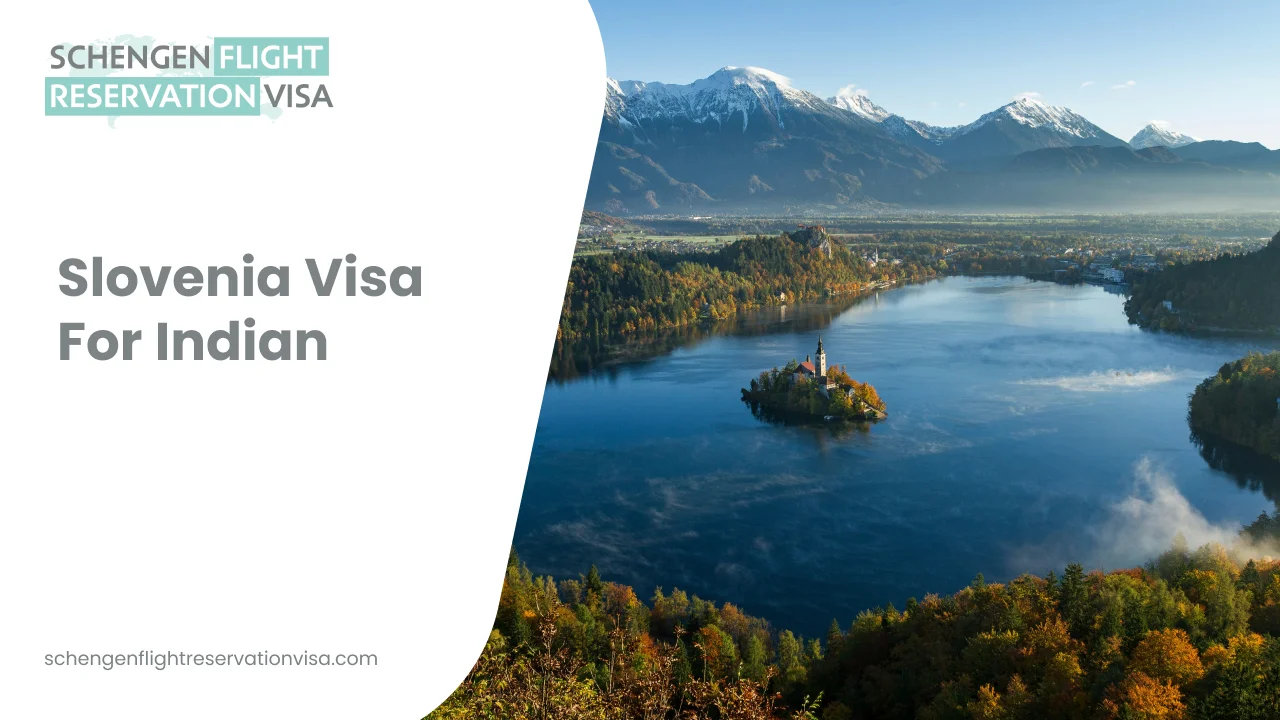 A picturesque landscape view of Lake Bled, Slovenia, featuring the small, wooded island at its center with the prominent Church of the Mother of God on the Lake. In the background, the medieval Bled Castle sits atop a steep cliff overlooking the emerald-green water, set against a backdrop of the snow-capped Julian Alps. On the left side of the image, a blue graphic overlay includes the text