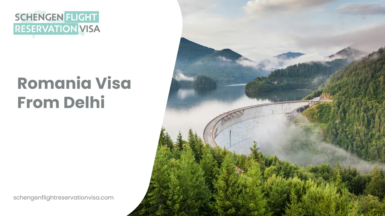 A panoramic view of a massive curved concrete dam nestled among lush green, pine-covered mountains in Romania. Mist and low clouds drift over the water and through the valley. A white graphic overlay on the left side features the text