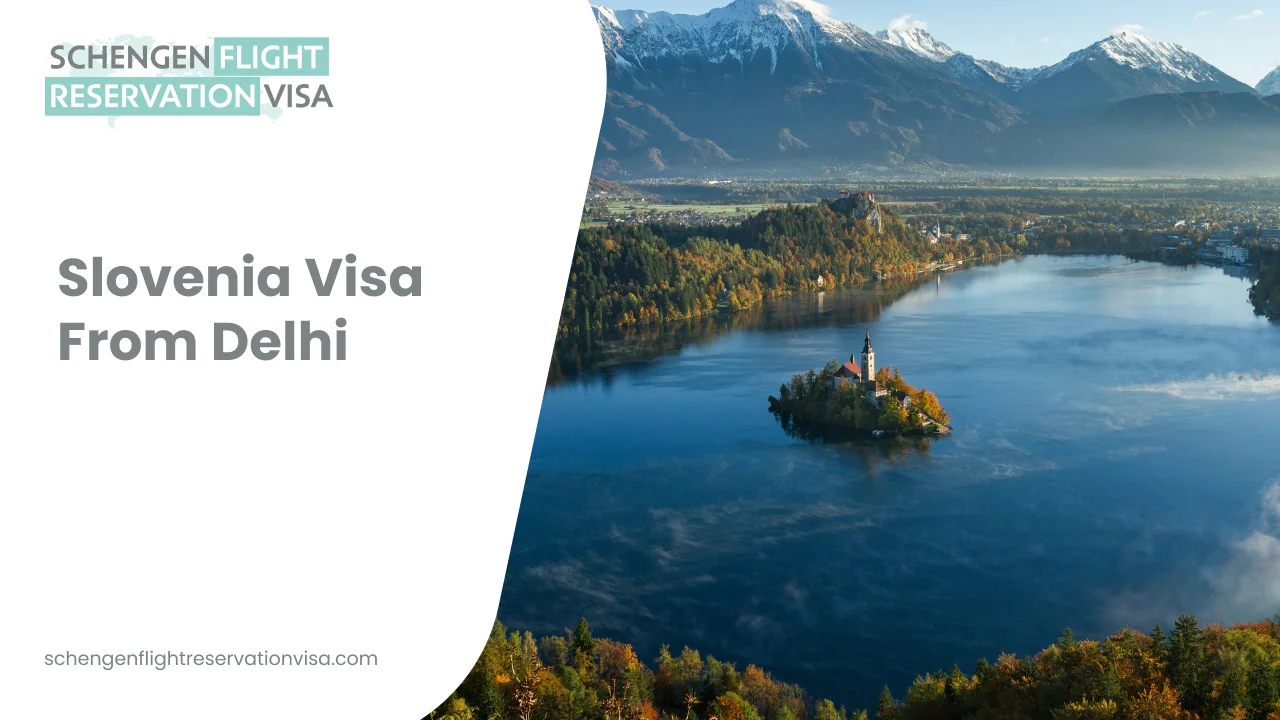 An aerial landscape view of Lake Bled in Slovenia, featuring the iconic church on a small island in the center of the deep blue water, surrounded by autumn-colored forests and snow-capped mountains in the background. A white graphic overlay on the left includes the text