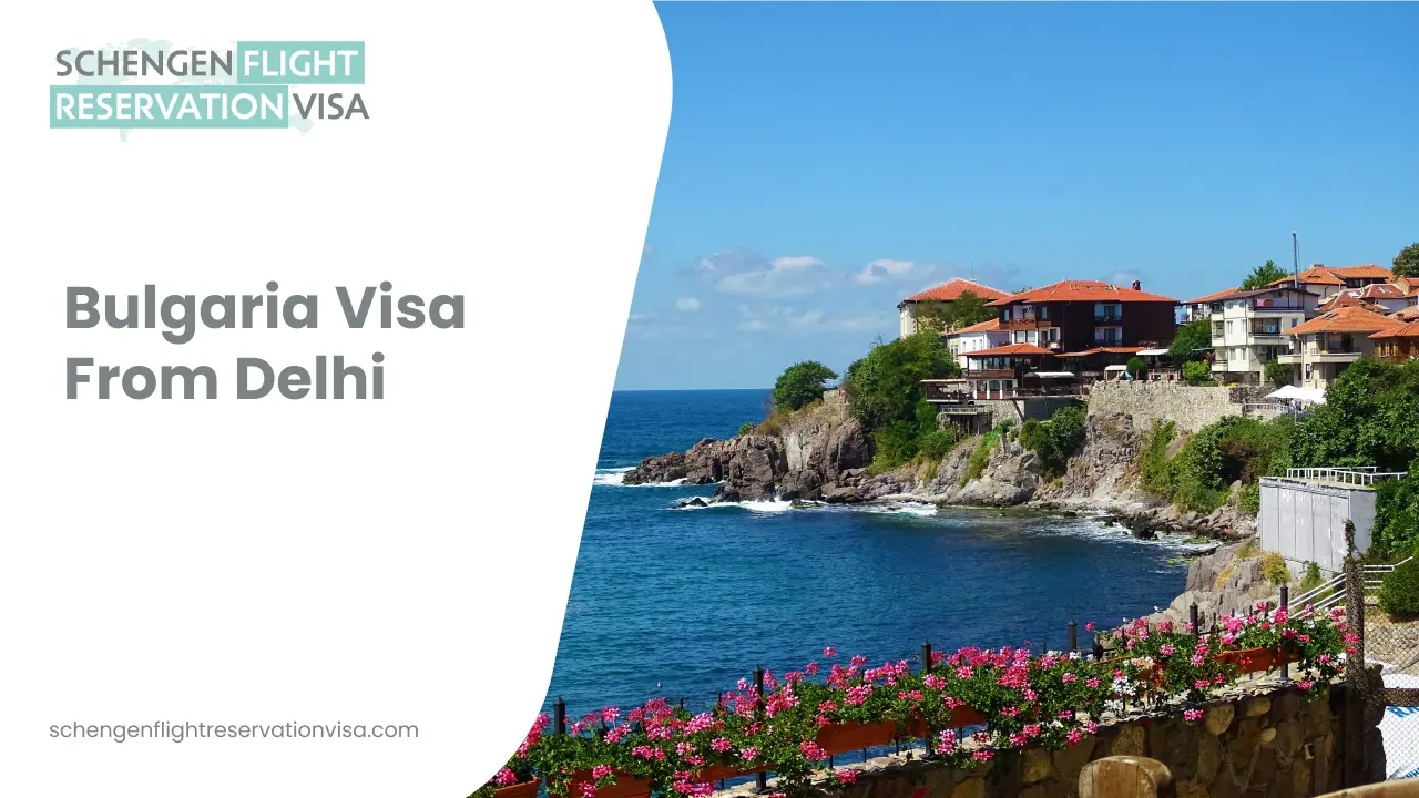 Bulgaria visa from Delhi travel banner with scenic Black Sea coastline, cliffside houses, and Schengen flight reservation information