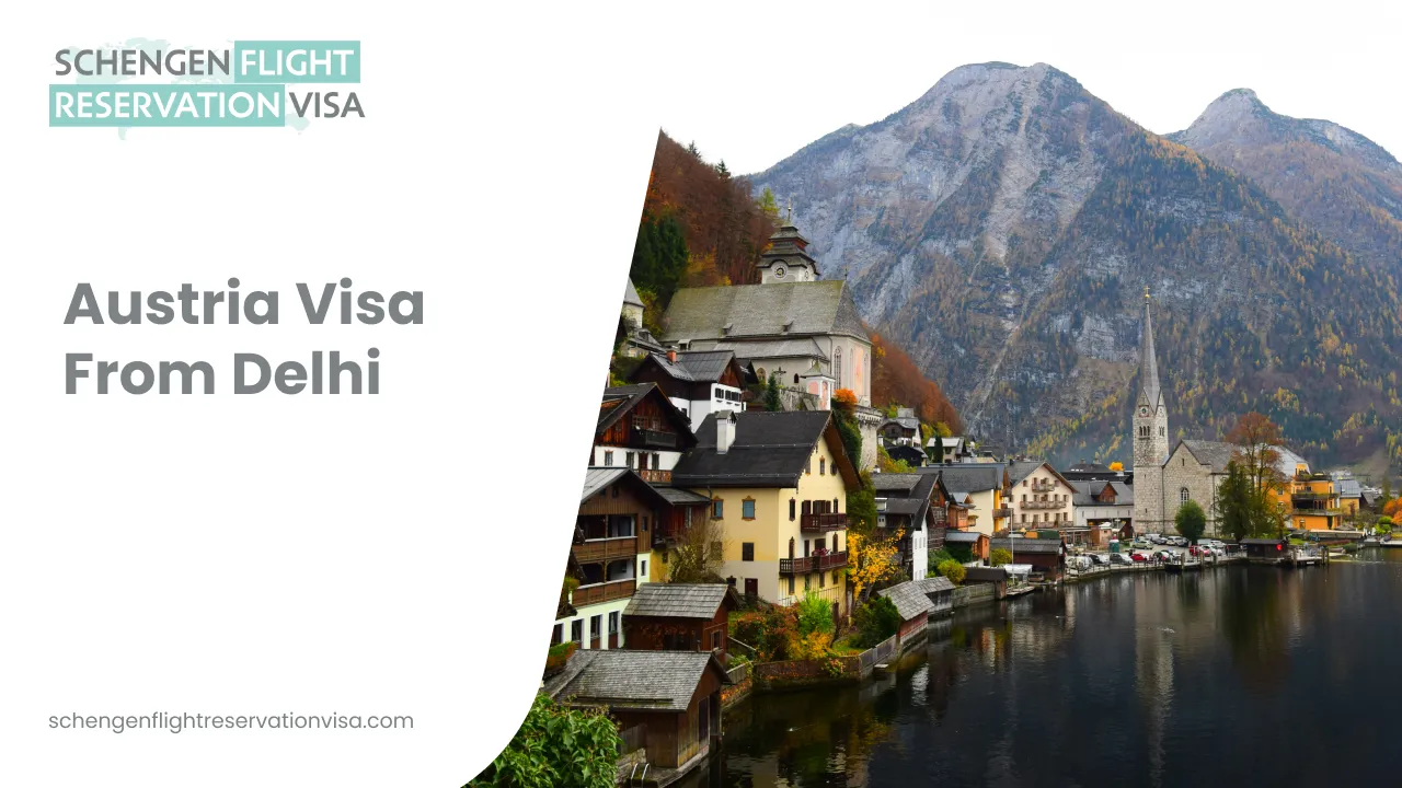 A scenic landscape of Hallstatt, Austria, featuring traditional alpine houses along the edge of a calm lake. A church with a tall, slender spire stands near the water, with towering mountains and autumn-colored trees in the background. A white graphic overlay on the left contains the text