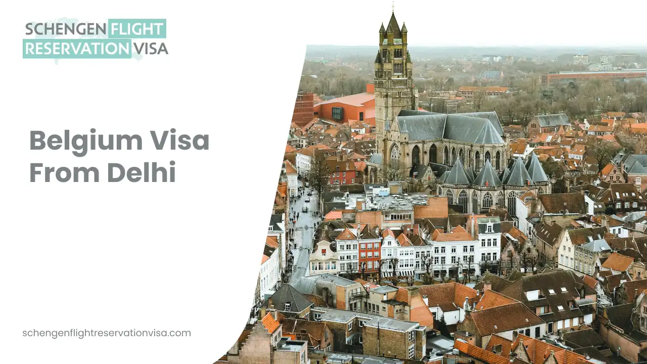 An aerial view of a historic European city featuring the towering stone spire of a Gothic cathedral surrounded by a cluster of traditional buildings with red-tiled roofs, with overlay text on a white background that reads