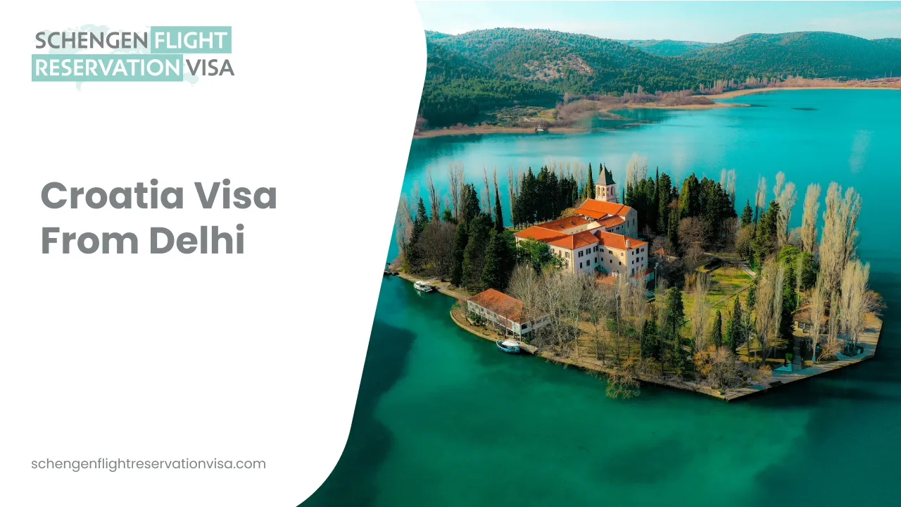 promotional graphic featuring a scenic aerial view of Visovac Monastery located on a small island in the middle of a turquoise lake in Croatia. The left side of the image has a white overlay containing the text
