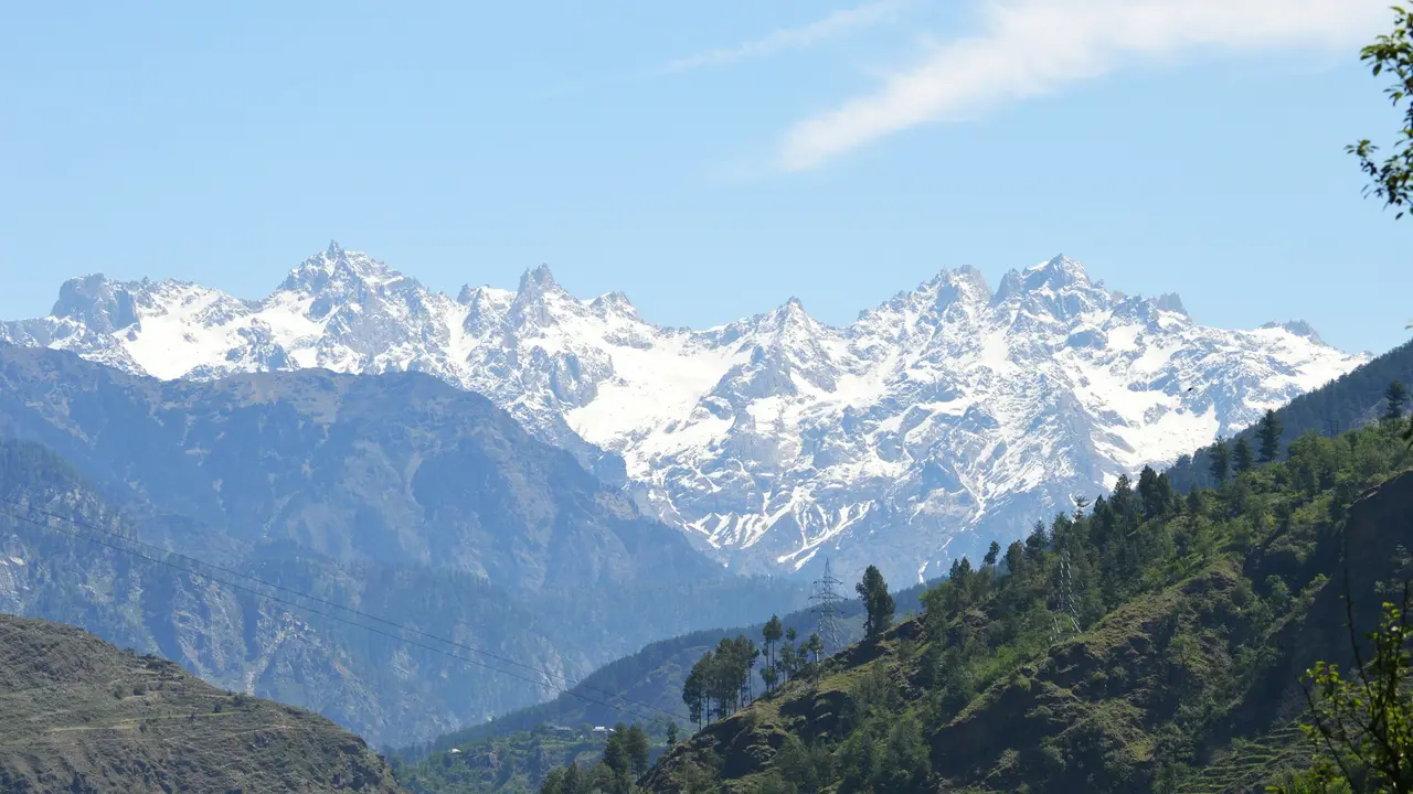 A panoramic view of the snow-capped Himalayan mountain range under a clear blue sky, with lush green foothills and scattered trees in the foreground.