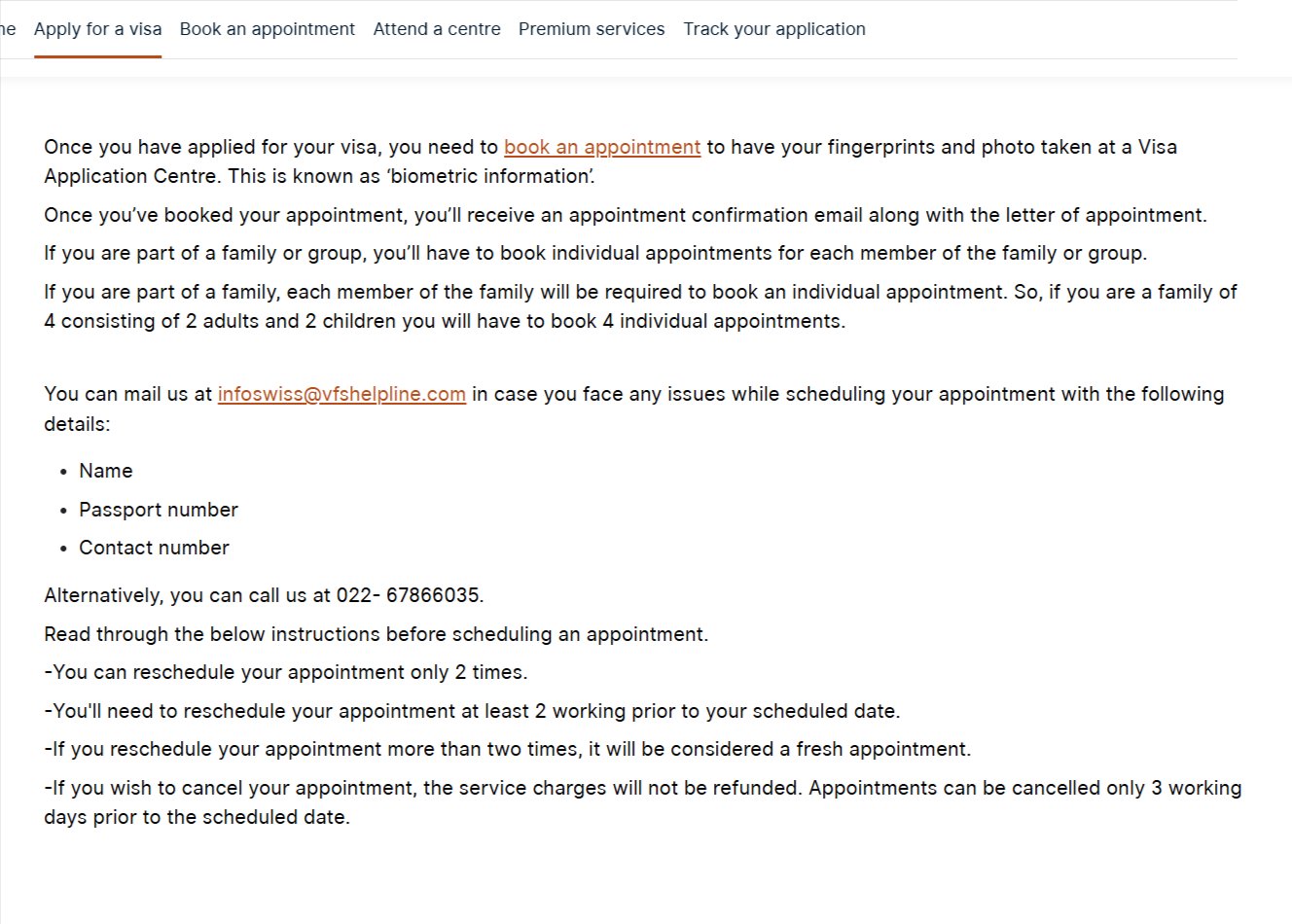 Instructions about appointment booking