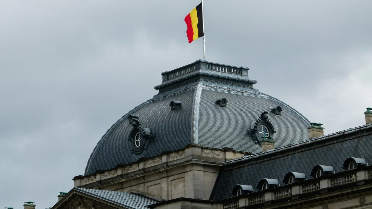 A Belgian flag flies atop a dark grey, domed roof of a grand neoclassical building under an overcast sky. The roof features ornate circular dormer windows and decorative stone carvings along the ledge.