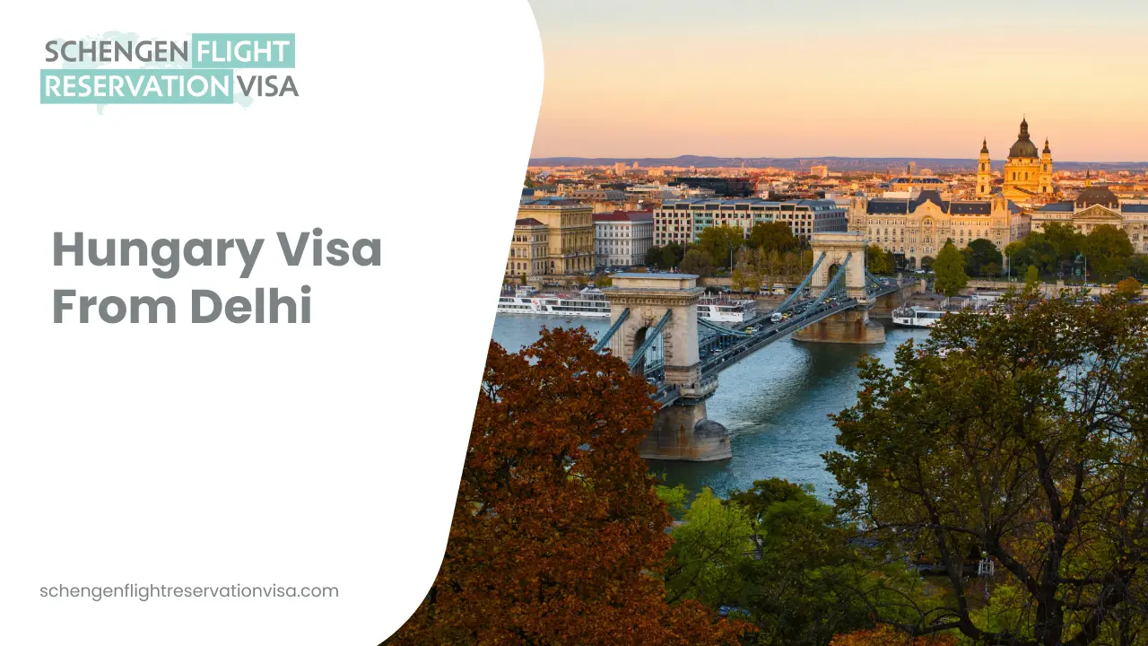 Promotional banner for Hungary visa from Delhi, showing Budapest cityscape with the Chain Bridge over the Danube River, historic buildings, and autumn trees, alongside Schengen flight reservation visa text.
