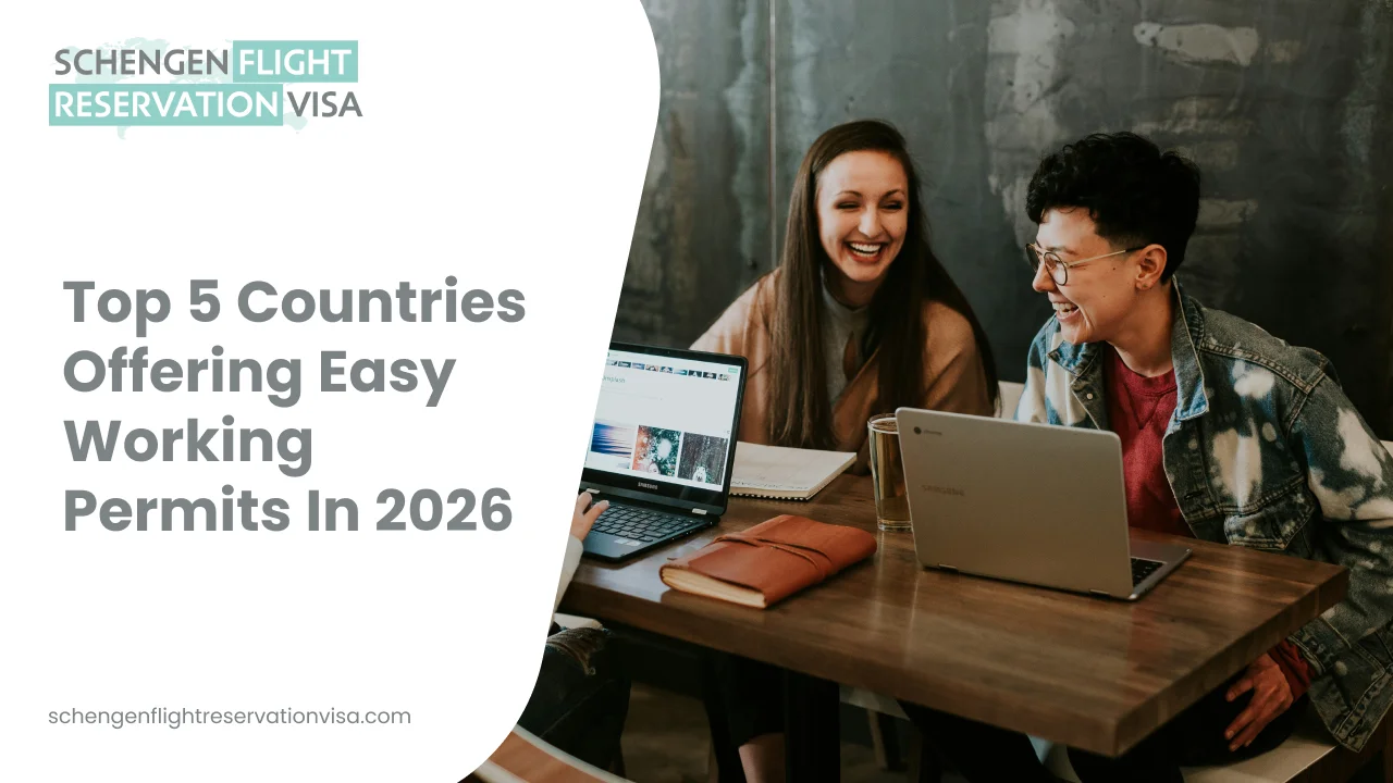 Top 5 Countries Offering Easy Working Permits in 2026 – promotional banner by Schengen Flight Reservation Visa showing two professionals working on laptops at a table, representing international work and visa opportunities.