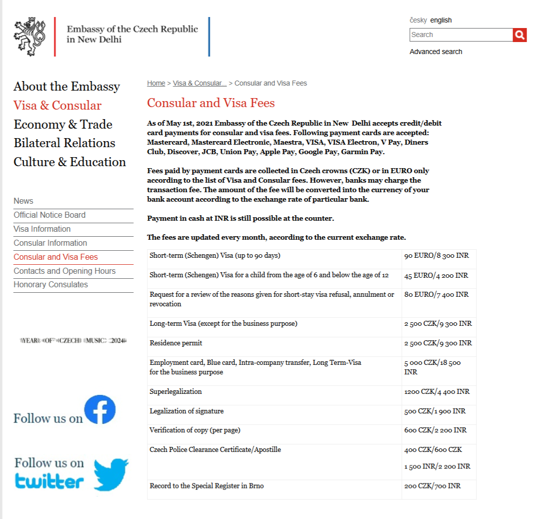 visa fees for the Czech Republic visa from Delhi