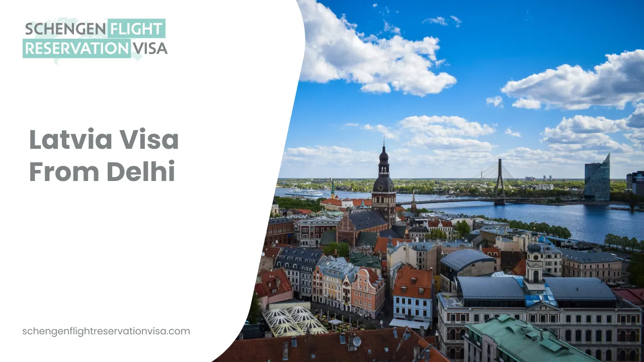  An informational graphic featuring a panoramic aerial view of Riga, Latvia, showing historic architecture and a bridge over the Daugava River under a blue sky. The left side of the image has a white overlay with the text 