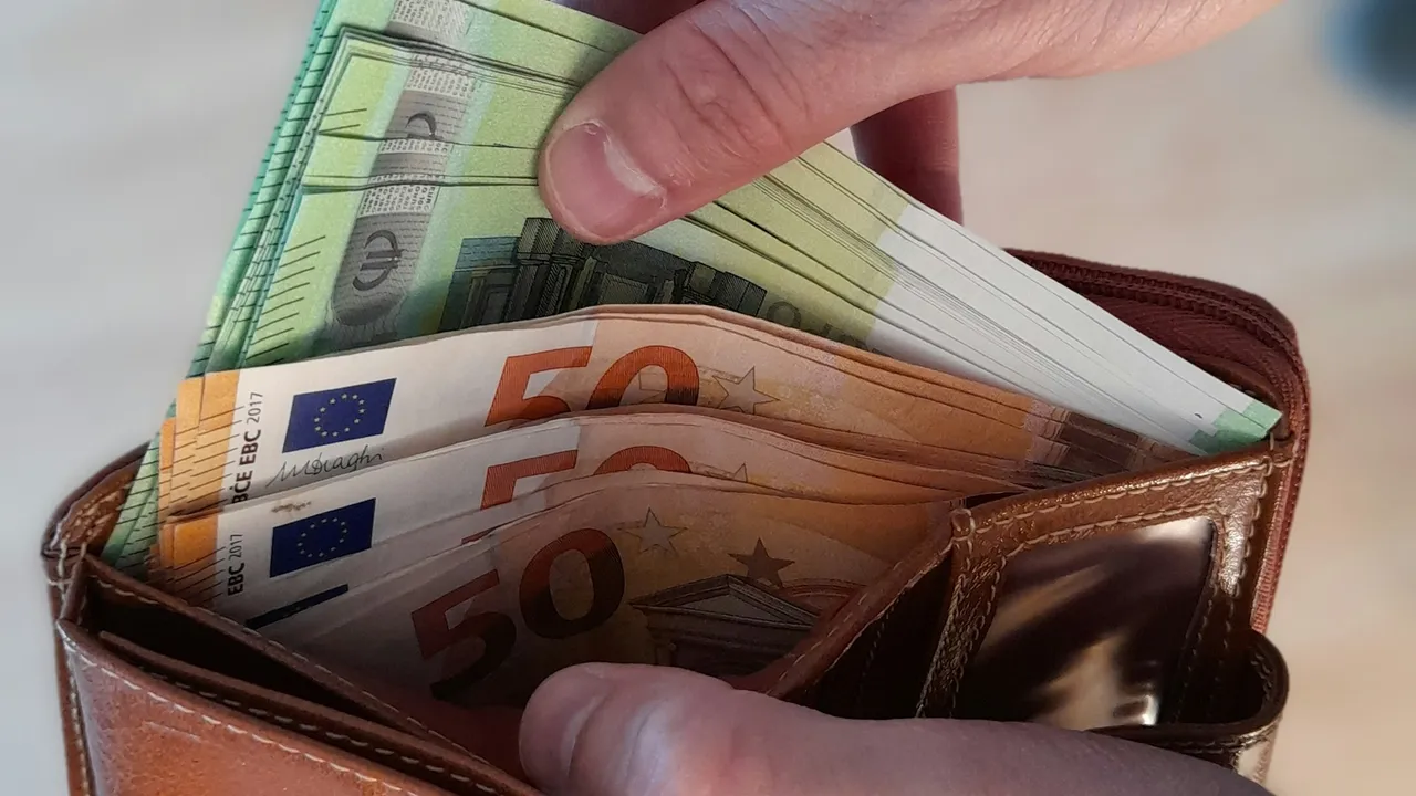 A close-up shot of a person's hands holding open a brown leather wallet filled with Euro banknotes. Several orange 50 Euro notes are visible in the foreground, while a thick stack of green 100 Euro notes is being tucked into the back compartment.
