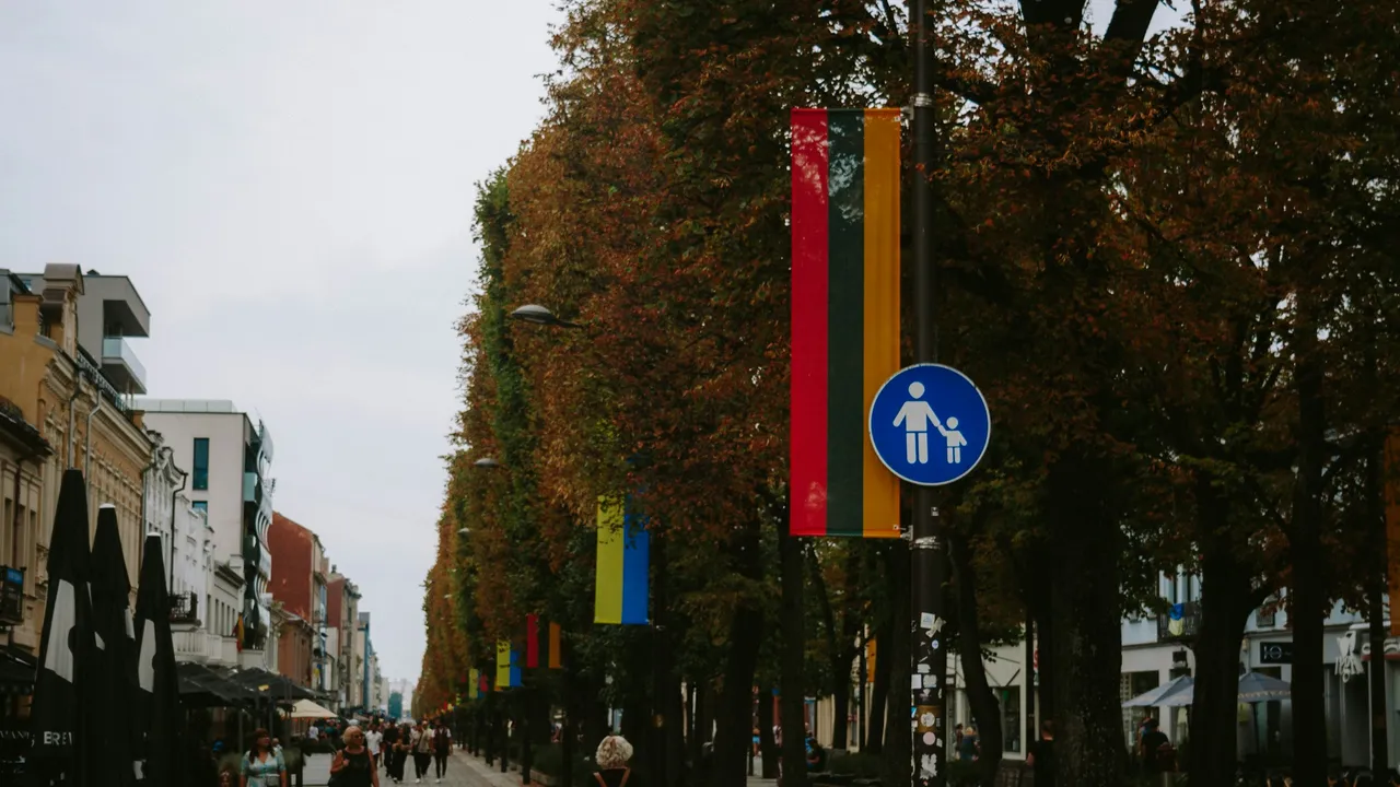 A low-angle shot of a European street lined with trees and tall, classic buildings. Hanging from a lamppost in the foreground is the tricolor flag of Lithuania (yellow, green, and red stripes), positioned above a blue circular pedestrian crossing sign depicting an adult and child. In the background, other colorful flags hang along the walkway, where several people are seen strolling under an overcast sky.