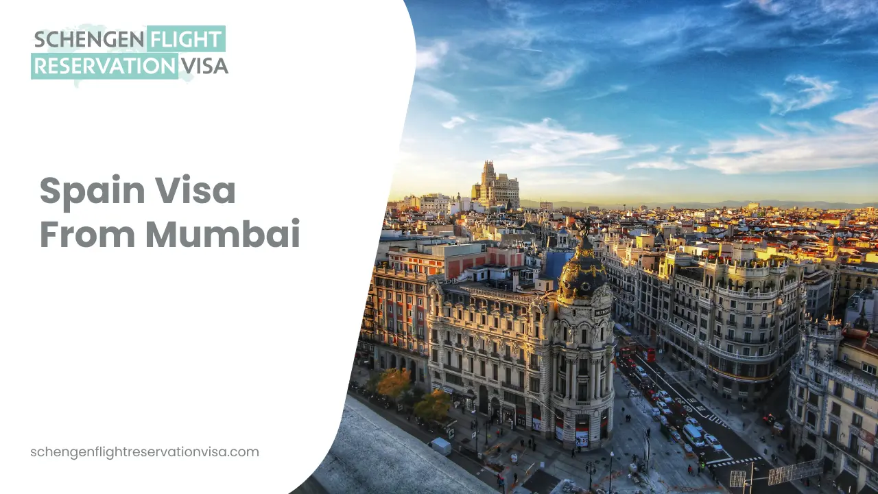 An informative graphic promoting visa services, featuring a wide-angle aerial view of Madrid, Spain on the right side. The city landscape highlights the ornate Metropolis Building with its iconic gold-detailed dome at a busy intersection filled with cars. On the left side, a white curved overlay contains the bold gray text