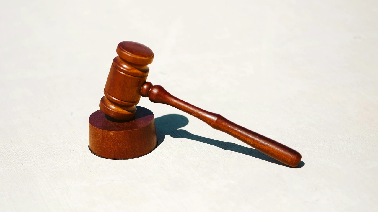A wooden judge's gavel rests diagonally on its circular sound block against a plain, light-colored surface. The dark wood of the gavel and block casts a distinct shadow to the right under bright, direct lighting.