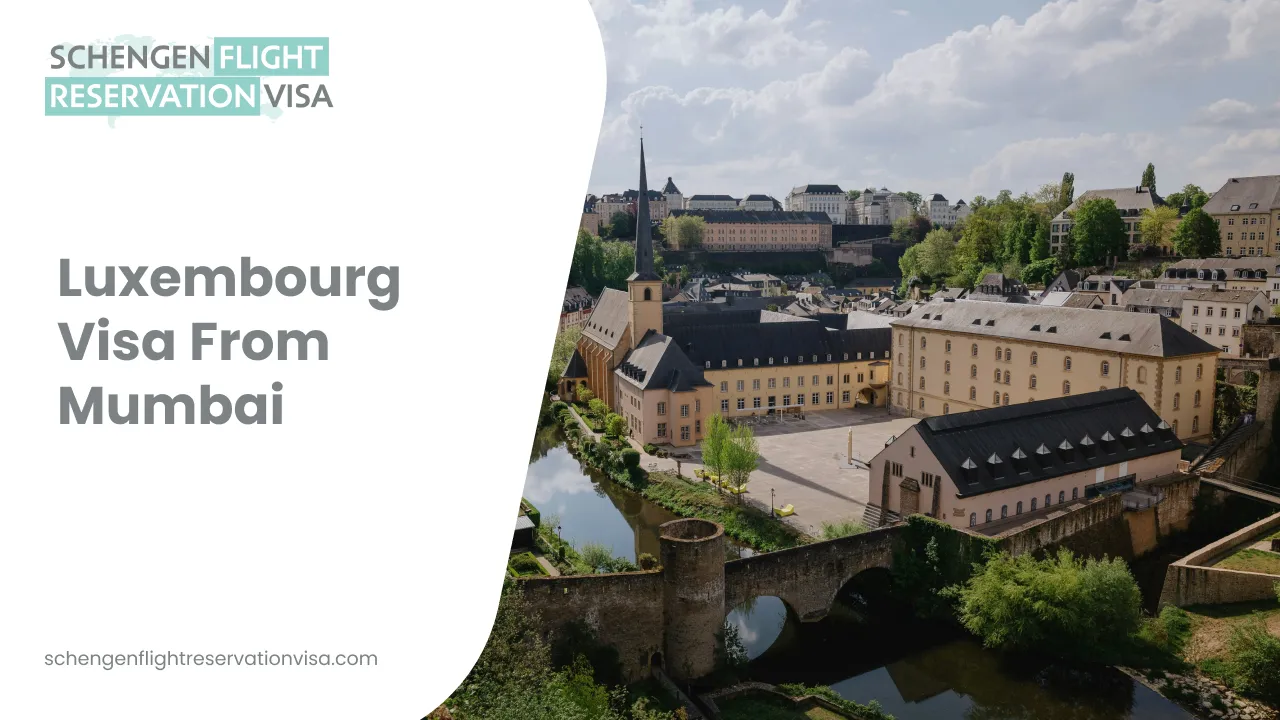 An informative graphic featuring an aerial photograph of Luxembourg City on the right side. The image showcases the historic Neumünster Abbey with its prominent spire, situated along the Alzette river and crossed by a stone bridge. On the left side, a white curved overlay contains the bold gray text