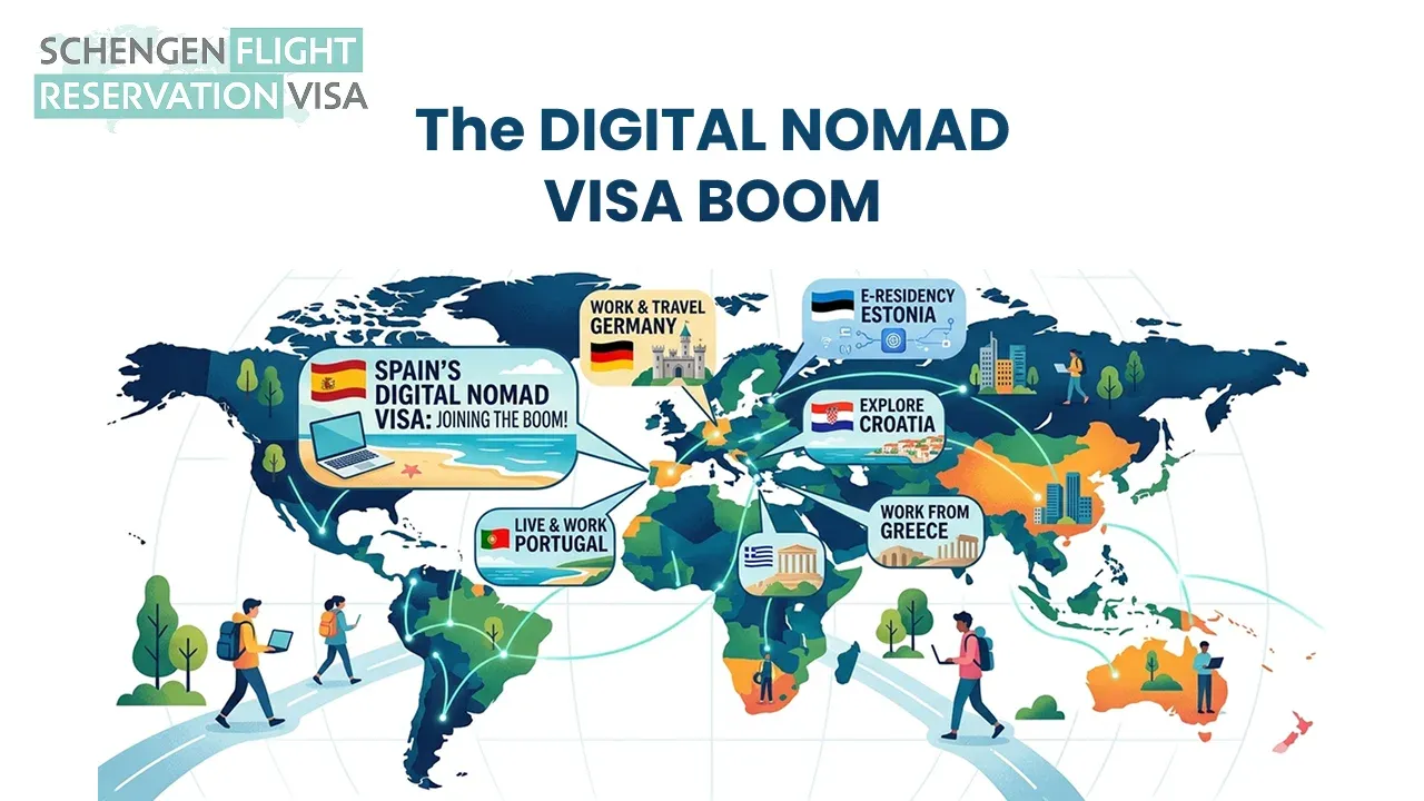 An illustrated world map showing callout boxes with various European countries offering programs, including Spain's Digital Nomad Visa, Live & Work Portugal, Work & Travel Germany, E-Residency Estonia, Explore Croatia, and Work from Greece. Small illustrated figures of remote workers with backpacks and laptops are walking across the map.