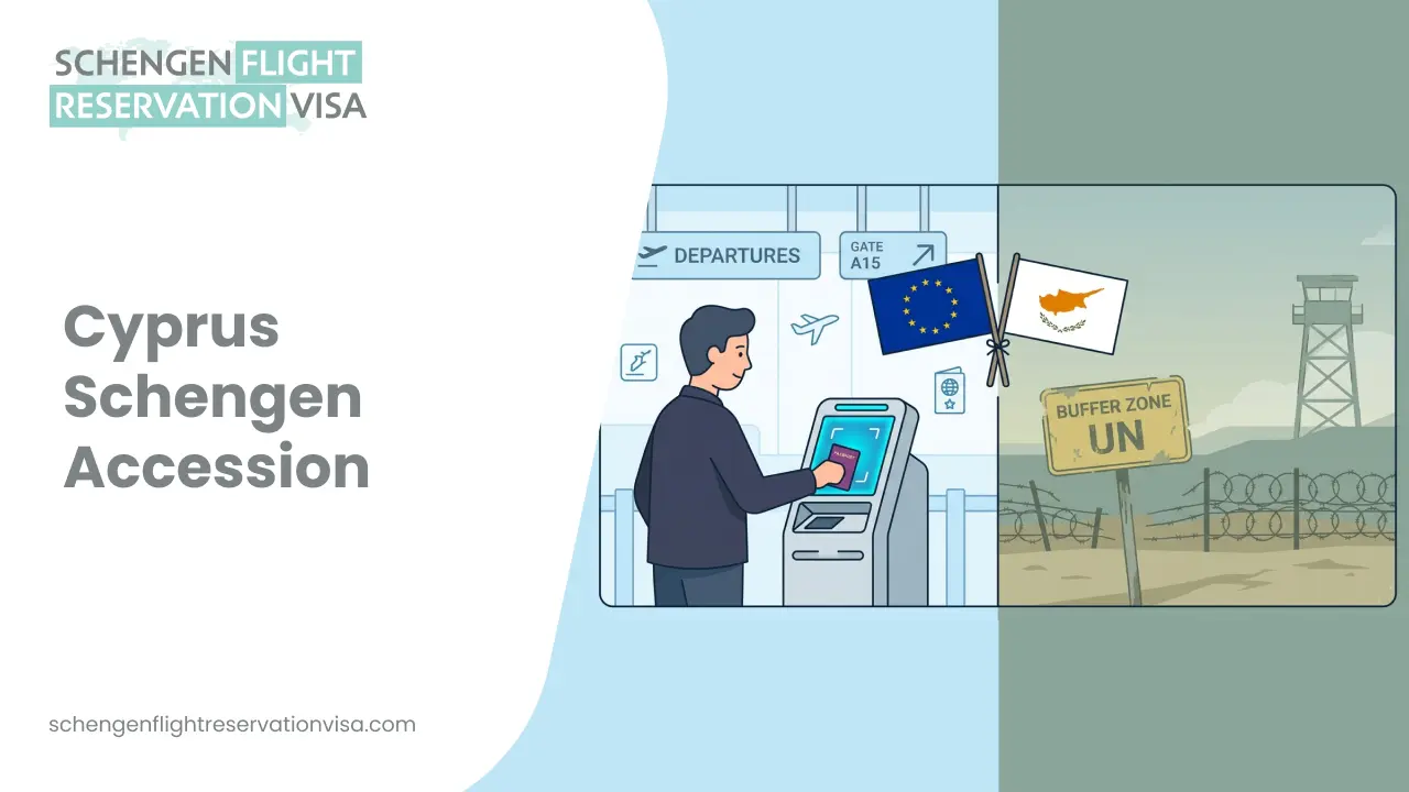 The illustration is split into two scenes: on the left, a man uses a modern biometric kiosk at an airport's departure gate; on the right, the scene shifts to the UN Buffer Zone (Green Line) in Cyprus, featuring a barbed-wire fence, a Buffer Zone UN sign, and a watchtower under the EU and Cypriot flags.